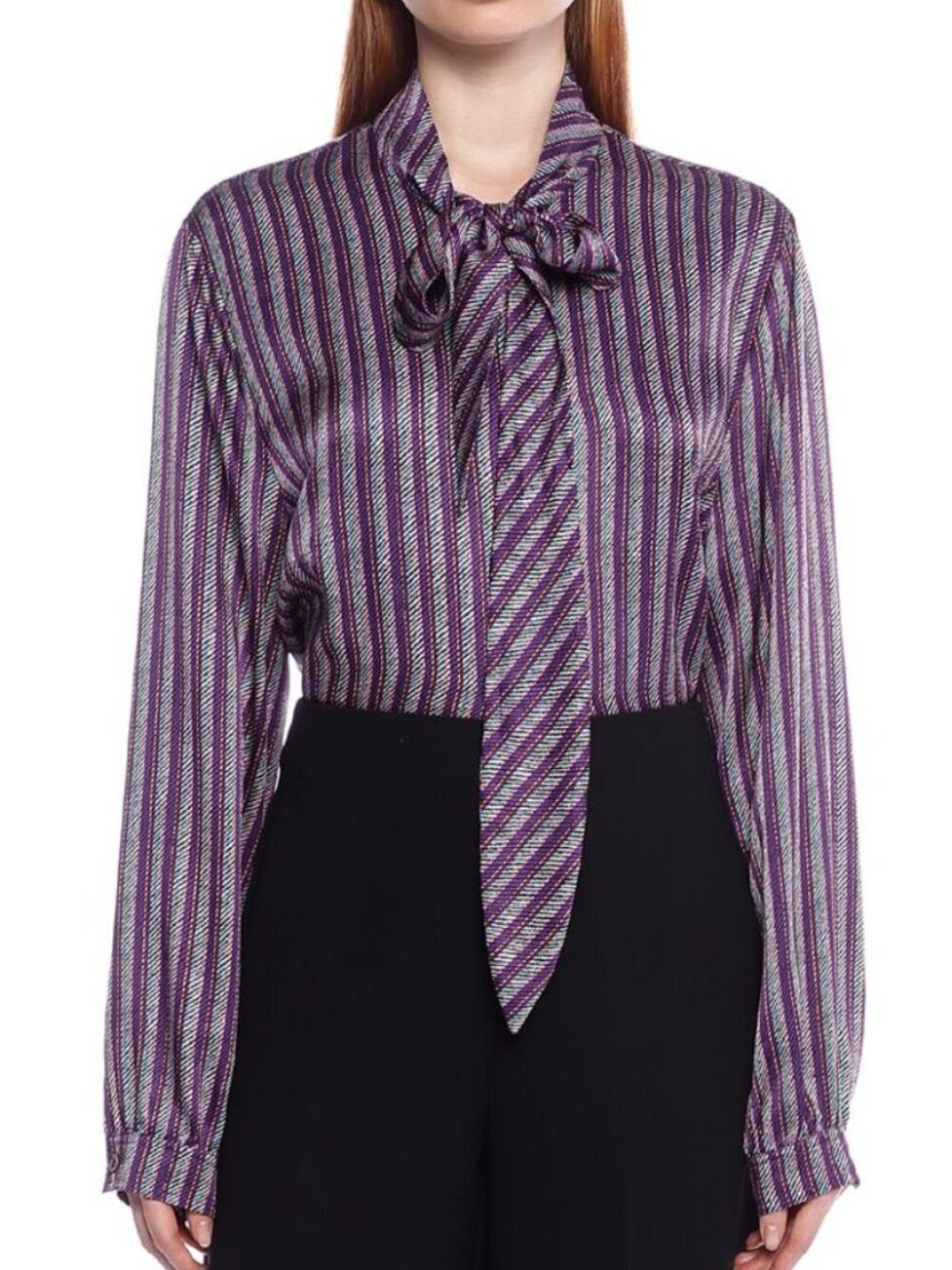 🌟 ESCADA 🌟 TIE NECK STRIPED BUTTON FRONT SILK BLOUSE PURPLE SZ 34 OR XS